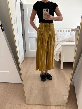 Zara Mustard Stripe Button-Front Wide-Leg Pants